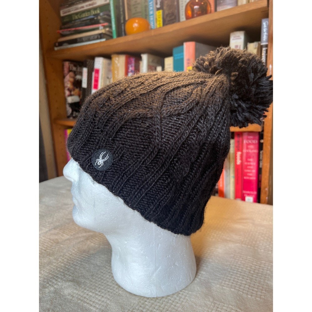 Spyder Knit Pom Pom Beanie Hat Black Cable Knit Winter Warm Ski